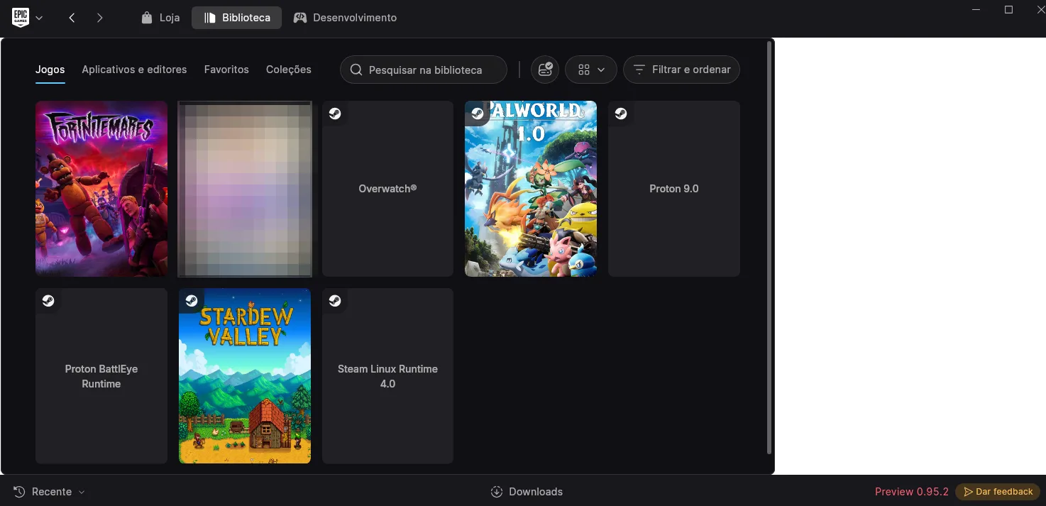 Epic Games Launcher no Linux exibindo a biblioteca de jogos da Steam